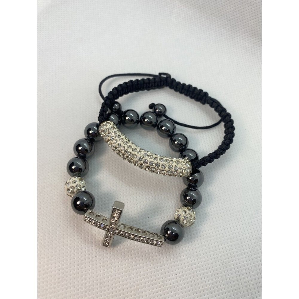 Black/Sliver Beaded Rhinestones Crucifix Religious Expandable pair of Bracelets